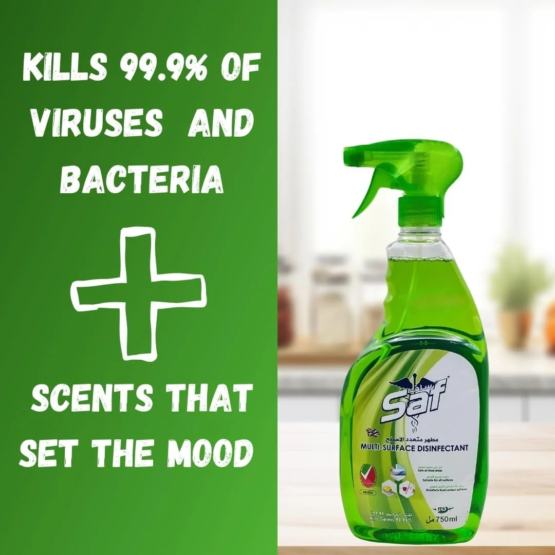 اسپری ضدعفونی کننده چند منظوره Saf، حجم 750 میلی لیتر | از بین برنده 99.9% میکروب ها و باکتری ها | ضدعفونی کننده قوی سطوح برای خانه، آشپزخانه، حمام و دفتر | از بین برنده بوها و ایجاد کننده رایحه ای تازه