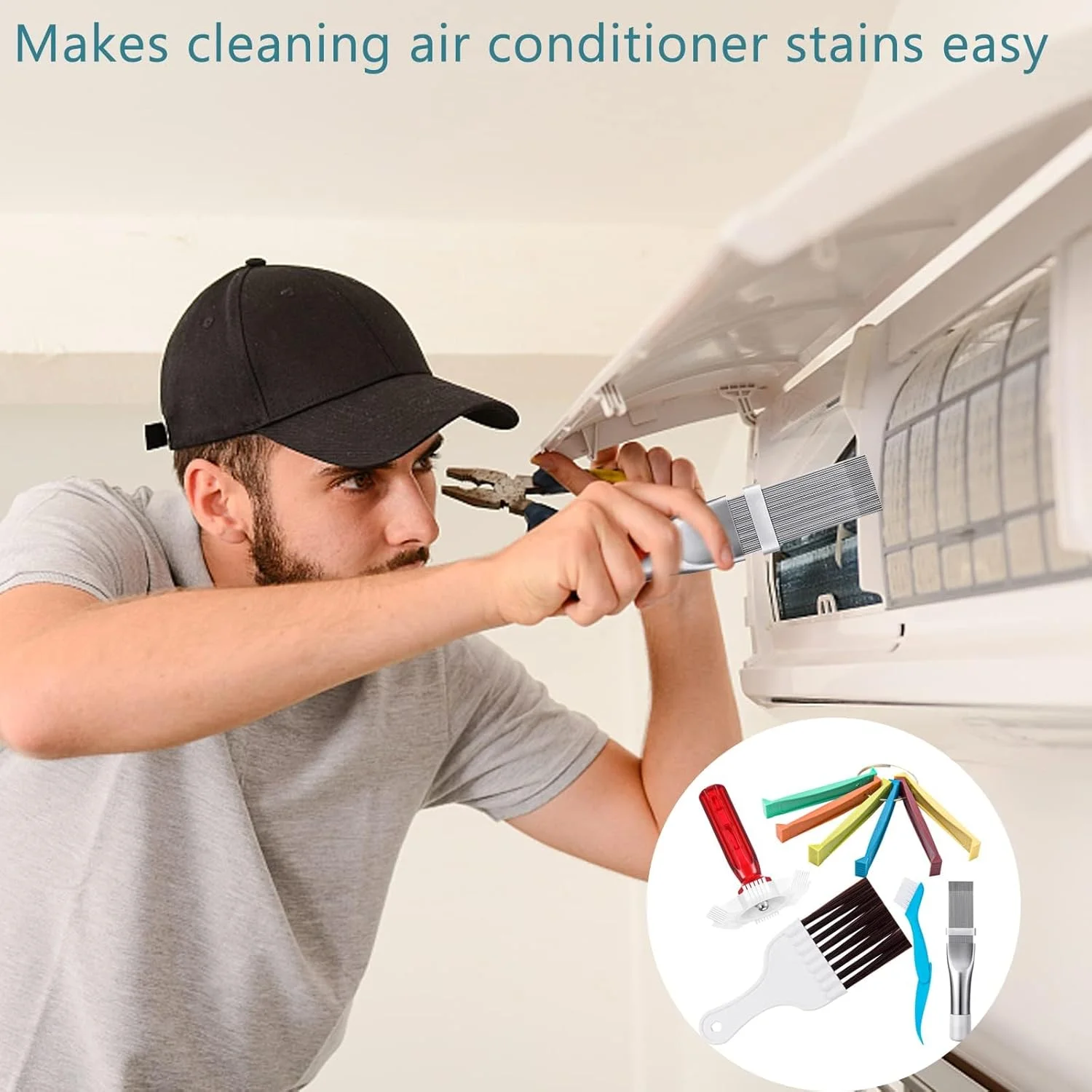 مجموعه 5 عددی تمیز کننده پره های کولر گازی، 3 شانه مختلف برای صاف کردن پره های کندانسور کولر گازی، 2 برس مختلف تمیز کننده کویل کندانسور کولر گازی، ابزار تمیز کننده پره های رادیاتور اواپراتور یخچال