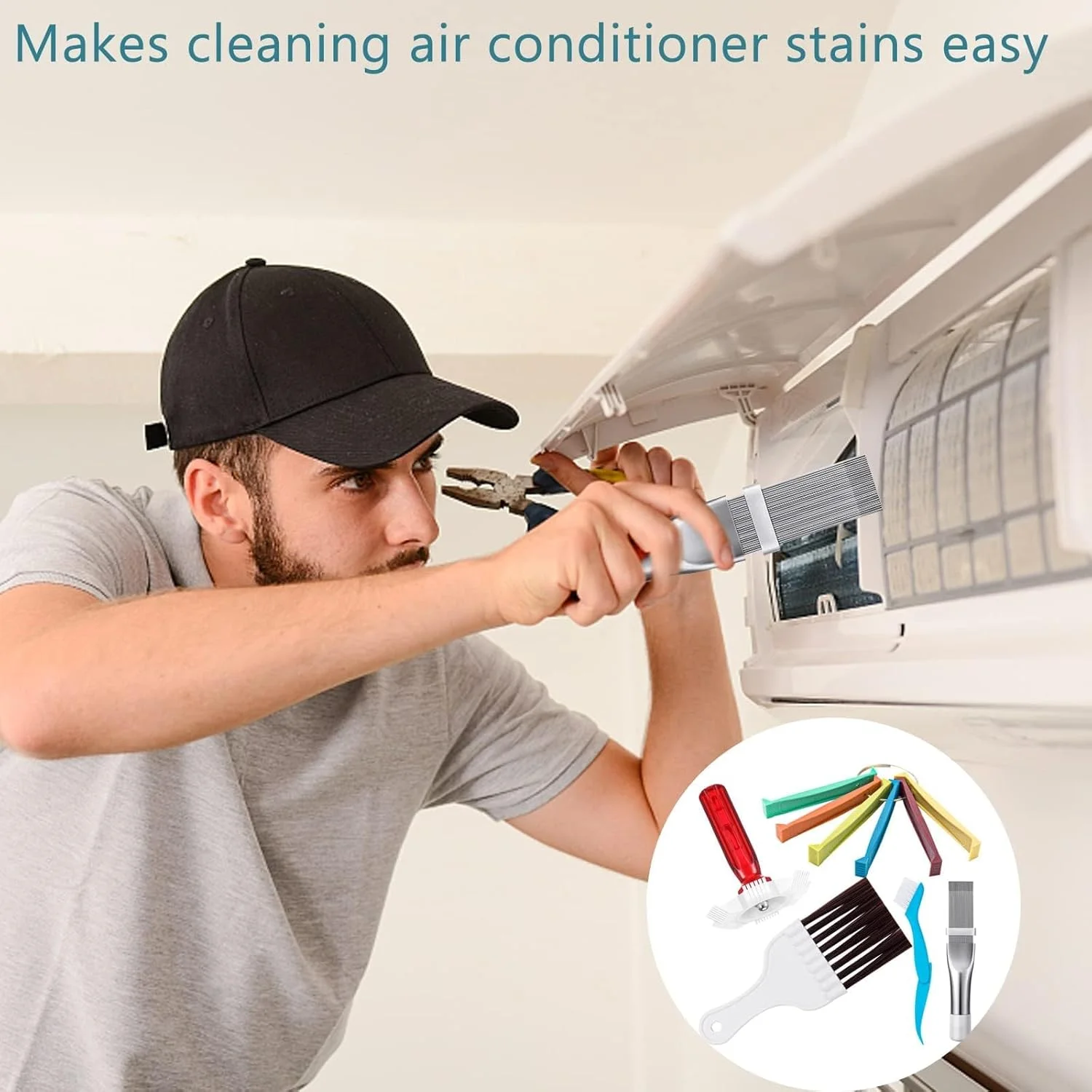 مجموعه 5 عددی تمیز کننده پره های کولر گازی، 3 شانه مختلف برای صاف کردن پره های کندانسور، 2 برس مختلف برای تمیز کردن کویل کندانسور، ابزار تمیز کننده پره های رادیاتور اواپراتور کولر گازی