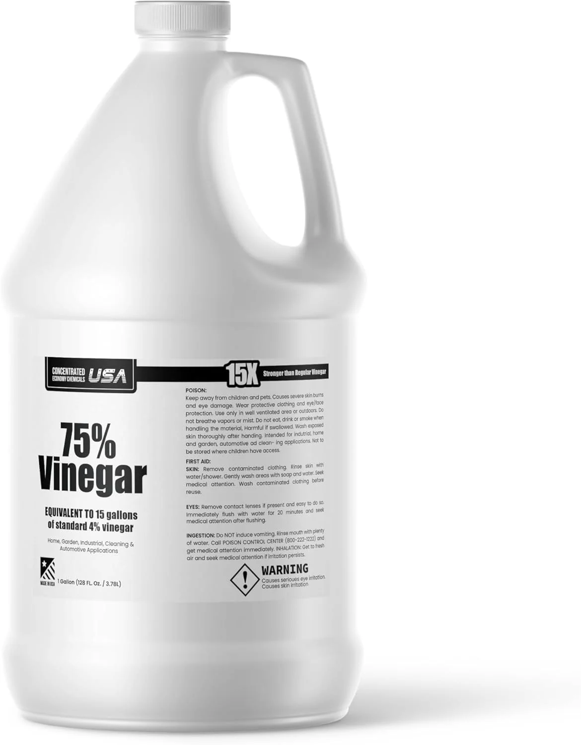 سرکه خالص 75% کنسانتره اکونومی کمیکالز آمریکا - رقیق شده تا 57 لیتر - سرکه با قدرت 15 برابر - پاک کننده کنسانتره 3.7 لیتری