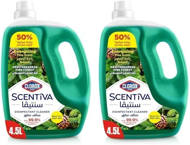 مایع ضدعفونی کننده کف شوی کلروکس سنتيوا با رایحه جنگل کاج مدیترانه ای 4.5 لیتری، از بین برنده 99.9% ویروس ها و باکتری ها، بدون سفید کننده (بسته 2 عددی)