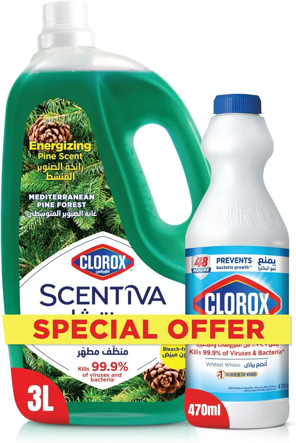 مایع تمیز کننده و ضدعفونی کننده سطوح کلروکس سنتيوا با رایحه جنگل مدیترانه ای، 3 لیتر، به همراه سفید کننده مایع کلروکس 470 میلی لیتر