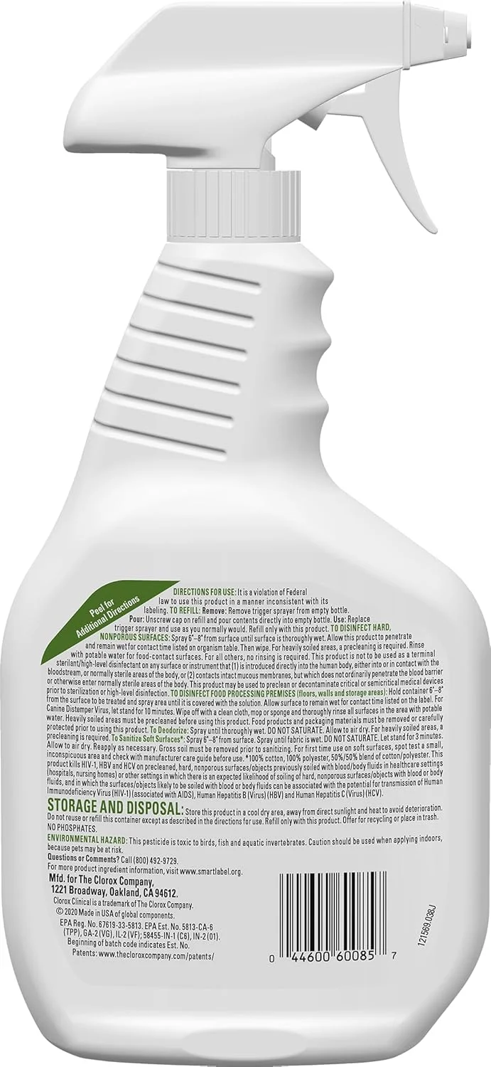 محلول ضدعفونی کننده سطوح نرم و پاک کننده لکه های بیولوژیکی کلروکس کلینیکال، 946 میلی لیتر، بسته 2 عددی