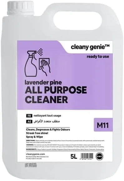 مایع پاک کننده چند منظوره Cleany Genie Cleaning Superstore، چربی زدا و از بین برنده بو، درخشش بدون لکه، رایحه اسطوخودوس و کاج، مناسب برای کف، سطوح و شیشه، 5 لیتر، M11، بسته 1 عددی