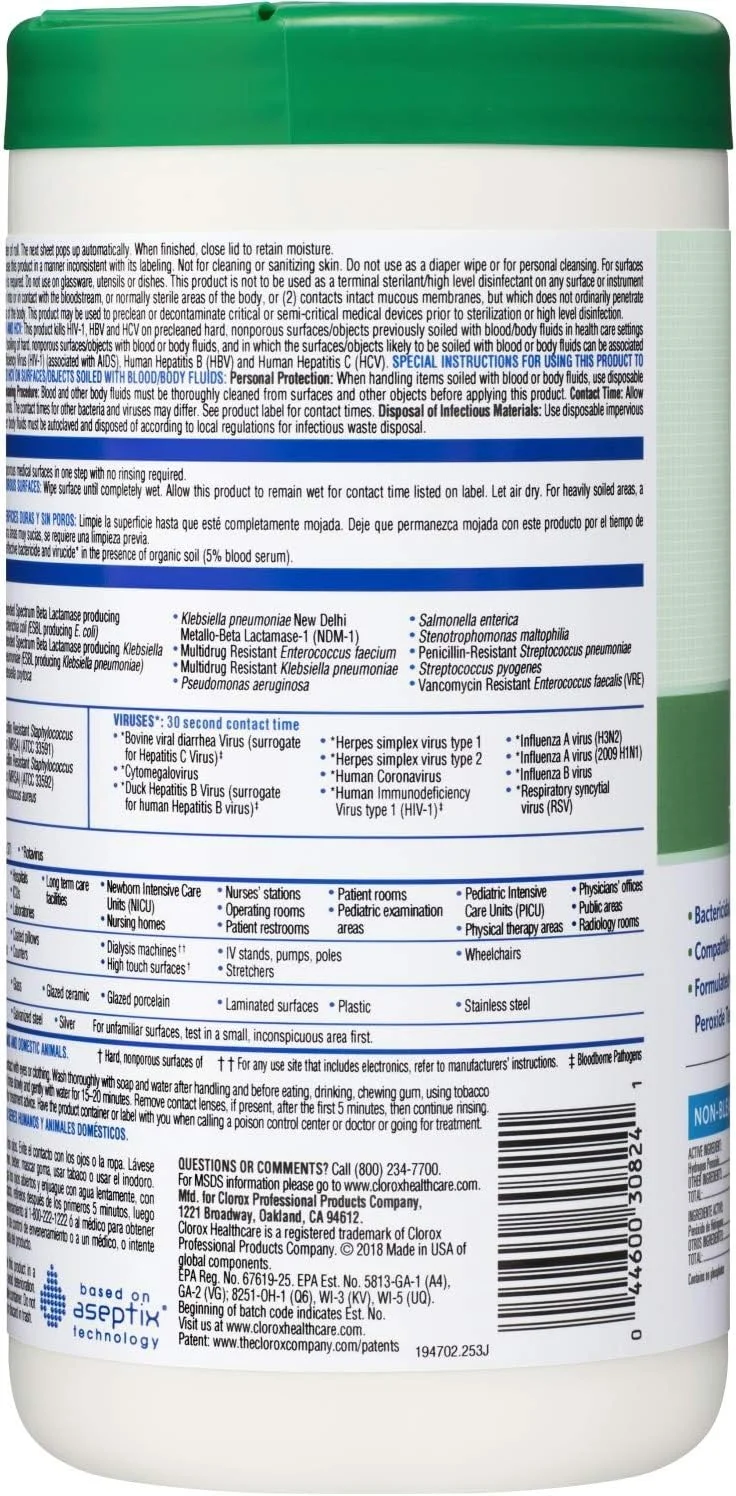 دستمال مرطوب ضدعفونی کننده پراکسید هیدروژن کلروکس زالفلد 30824 مناسب مراکز درمانی، از بین برنده نوروویروس، روتاویروس، HIV، محافظت شده با کیسه پلی اتیلن، 6.75" x 9"، دستمال بسیار بزرگ (بسته 95 عددی)