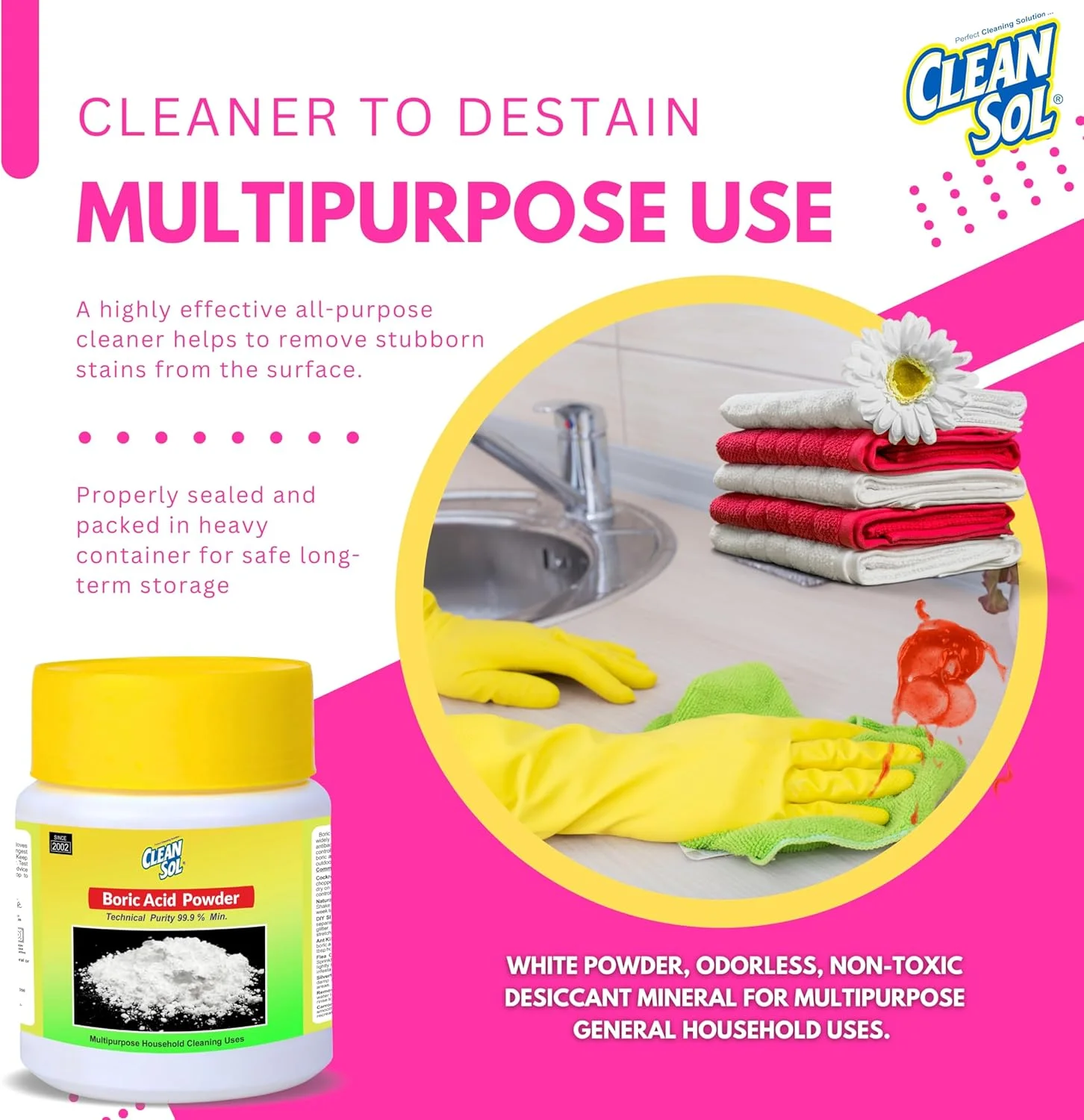 پودر بوریک اسید Cleansol - 600 گرم | پودر چند منظوره خانگی برای تمیز کردن، صنایع دستی DIY، کنترل بو و نگهداری عمومی