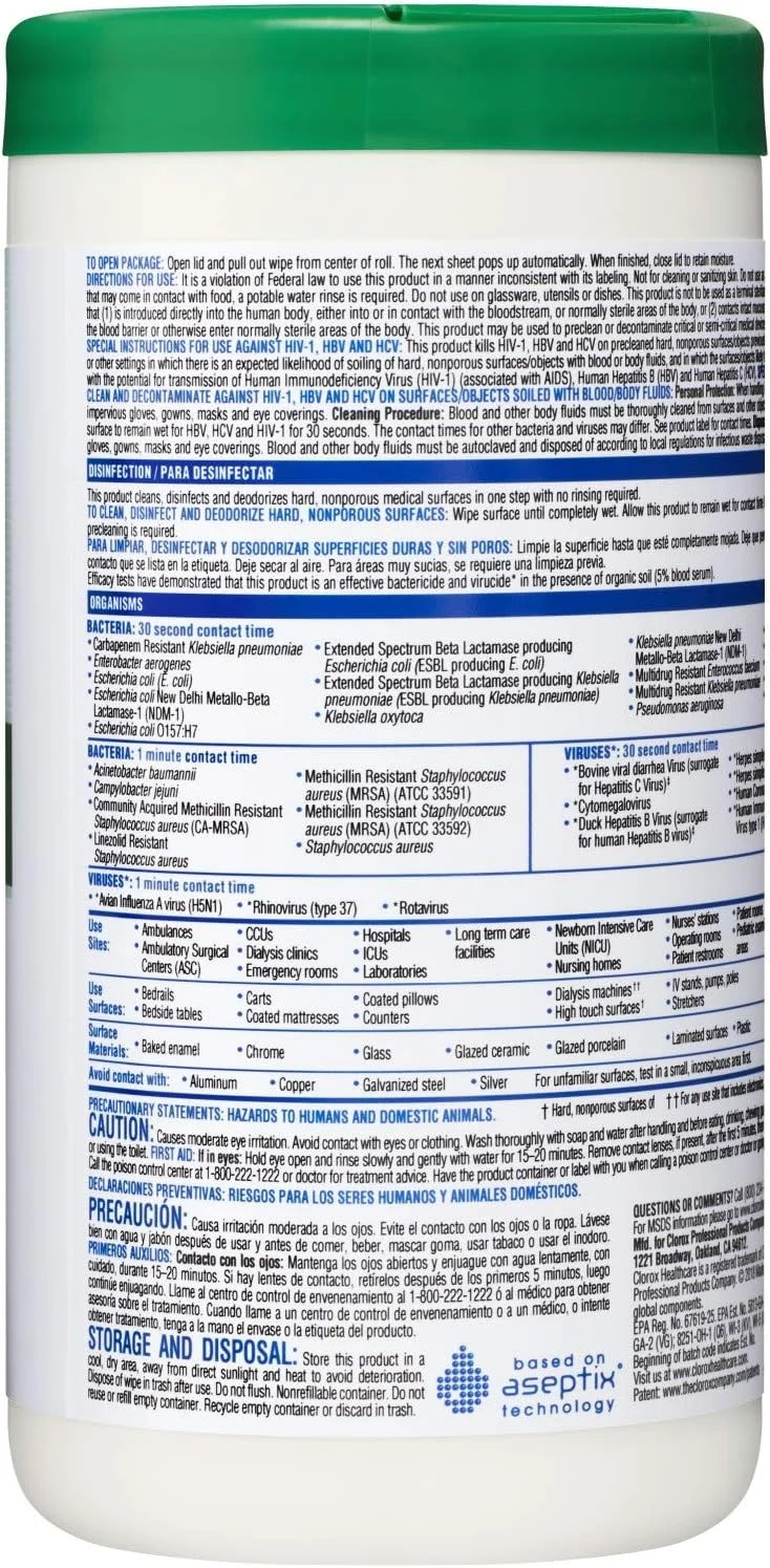 دستمال مرطوب ضدعفونی کننده پراکسید هیدروژن کلروکس زالفلد 30824 مناسب مراکز درمانی، از بین برنده نوروویروس، روتاویروس، HIV، محافظت شده با کیسه پلی اتیلن، 6.75" x 9"، دستمال بسیار بزرگ (بسته 95 عددی)