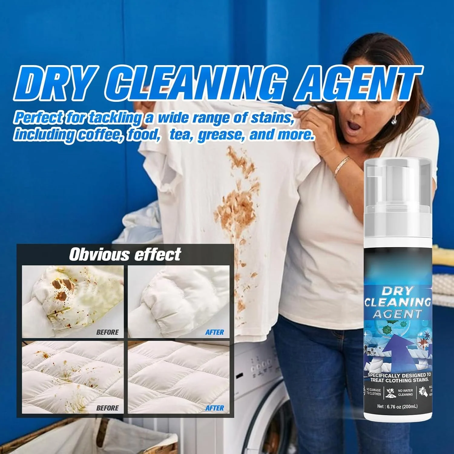 اسپری خشک‌شویی پارچه و مبلمان، فوم تمیز کننده بدون نیاز به شستشو برای لباس، فرش، کاپشن‌های پر، لکه بر چند منظوره، تمیز کننده پارچه بدون نیاز به آبکشی (200 میلی لیتر)