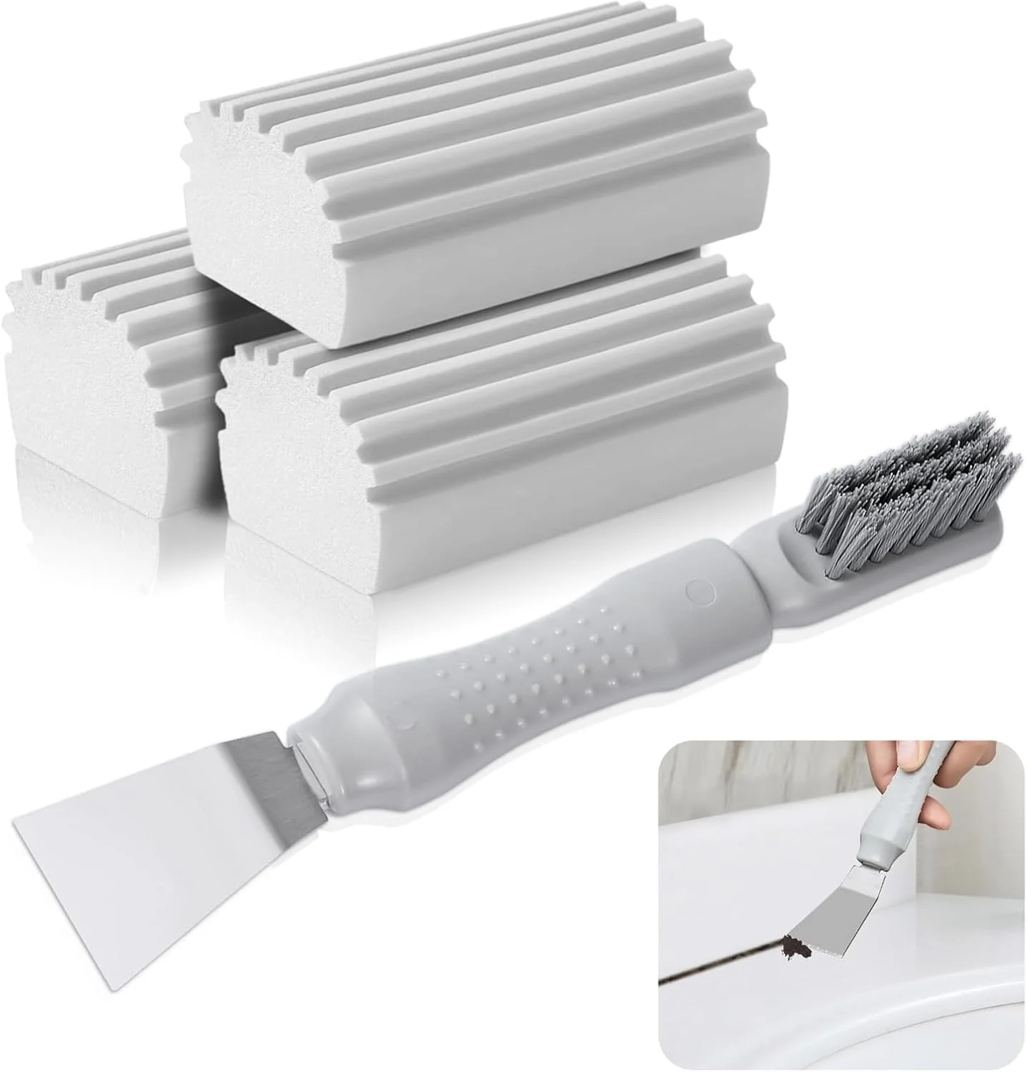 مجموعه اسفنج تمیز کننده و کاردک چند منظوره، اسفنج پاک کننده خاکستری برای گردگیری قرنیز، کاردک گریل باربیکیو در فضای باز، کاردک کوچک فلزی تابه، ابزار تمیز کننده خانگی بدون خش