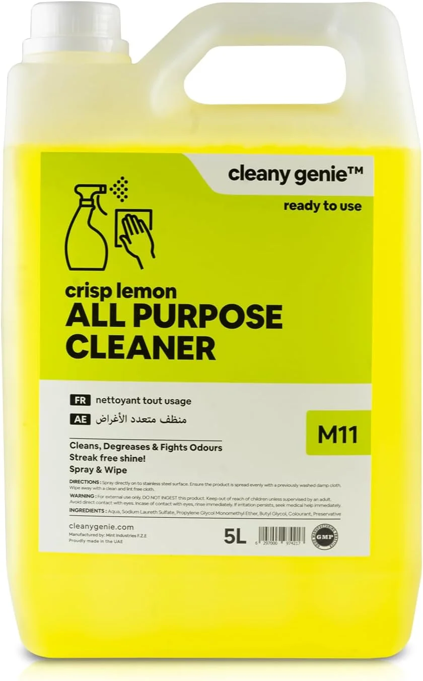 مایع پاک کننده چند منظوره Cleany Genie Cleaning Superstore، چربی زدا و ضد بو، درخشش بدون لکه، رایحه لیمو، مناسب برای کف، سطوح و شیشه، 5 لیتر، M11، بسته 1 عددی