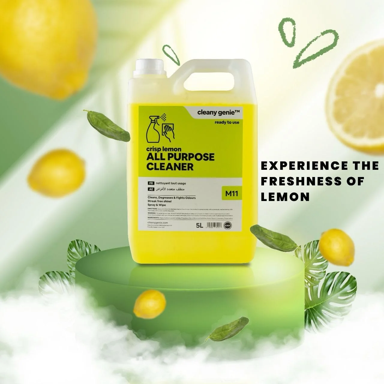 مایع پاک کننده چند منظوره Cleany Genie Cleaning Superstore، چربی زدا و ضد بو، درخشش بدون لکه، رایحه لیمو، مناسب برای کف، سطوح و شیشه، 5 لیتر، M11، بسته 1 عددی