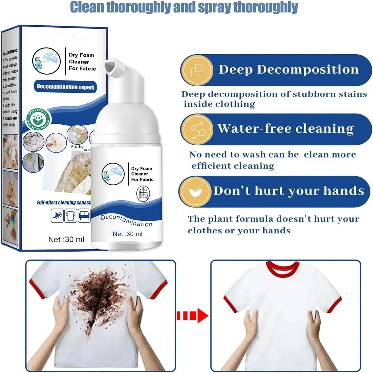 اسپری فوم خشک تمیز کننده لباس، فوم تمیز کننده خشک لباس، تمیز کننده چند منظوره لکه های لباس بدون نیاز به آبکشی، از بین برنده لکه های روغن لباس، اسپری بدون نیاز به شستشو (1 عدد)