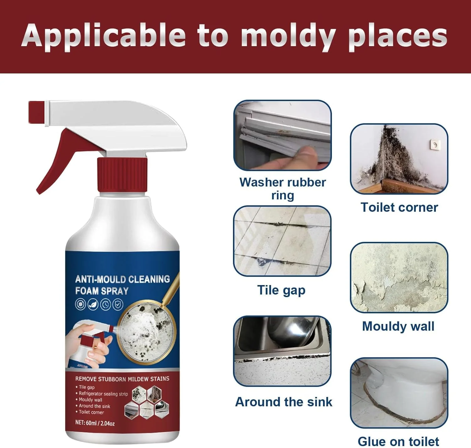 اسپری فوم پاک کننده و از بین برنده کپک Azonee، 2 عددی، پاک کننده فوم چند منظوره قدرتمند، اسپری ژل پاک کننده و از بین برنده کپک برای آشپزخانه، حمام، دیوار، سقف و لکه های خانگی