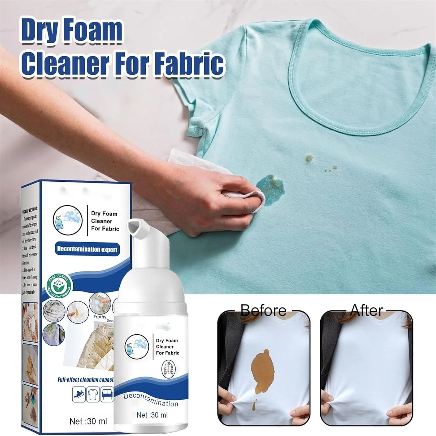 اسپری فوم خشک تمیز کننده لباس، فوم تمیز کننده خشک لباس، تمیز کننده چند منظوره لکه های لباس بدون نیاز به آبکشی، از بین برنده لکه های روغن لباس، اسپری بدون نیاز به شستشو (1 عدد)
