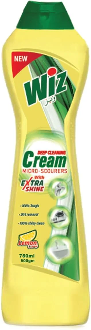 Wiz Cream Cleaner 750ml, Lemon Scent, Stain Remover with Micro Crystal Technology, Deep Cleaning for Kitchen, Bathroom, and Surfaces