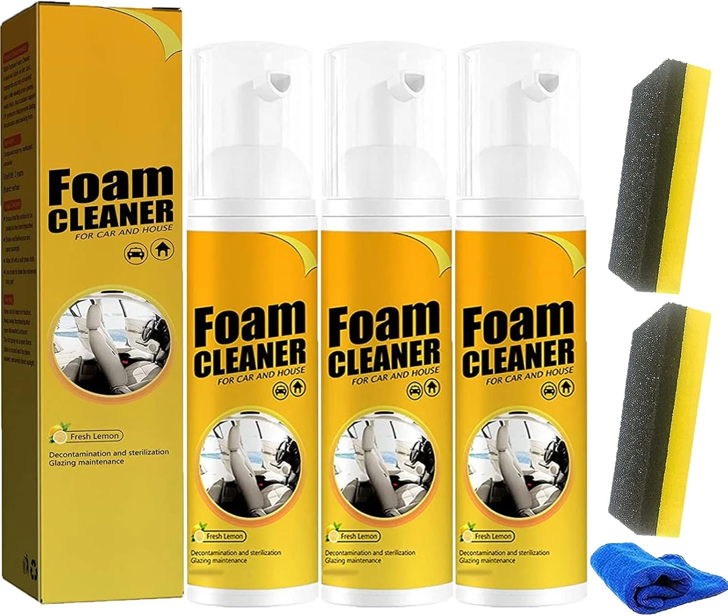اسپری فوم تمیز کننده خودرو، فوم تمیز کننده چند منظوره، فوم تمیز کننده جادویی خودرو و خانه با رایحه لیمو (150 میلی لیتر، 3 عدد)