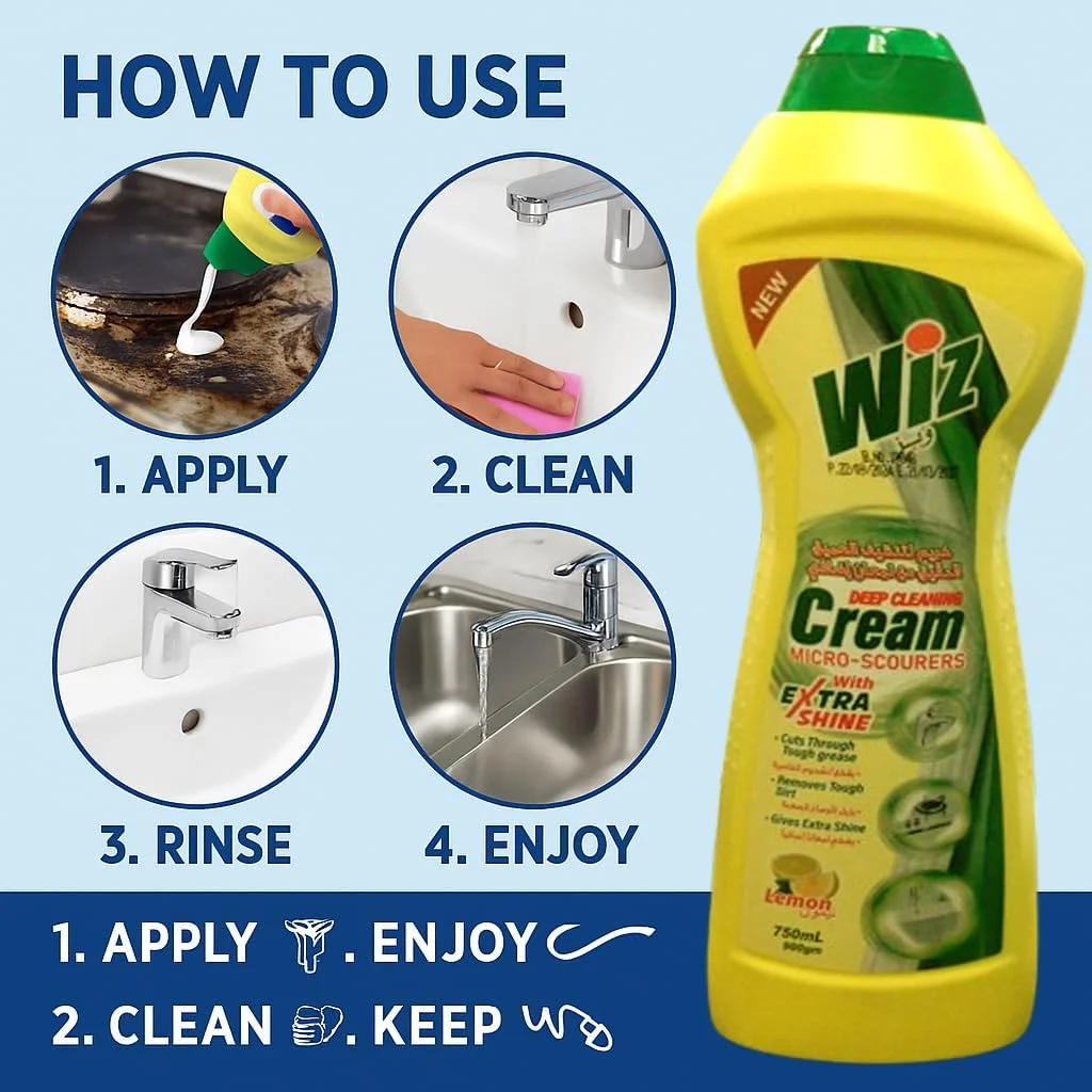 Wiz Cream Cleaner 750ml, Lemon Scent, Stain Remover with Micro Crystal Technology, Deep Cleaning for Kitchen, Bathroom, and Surfaces