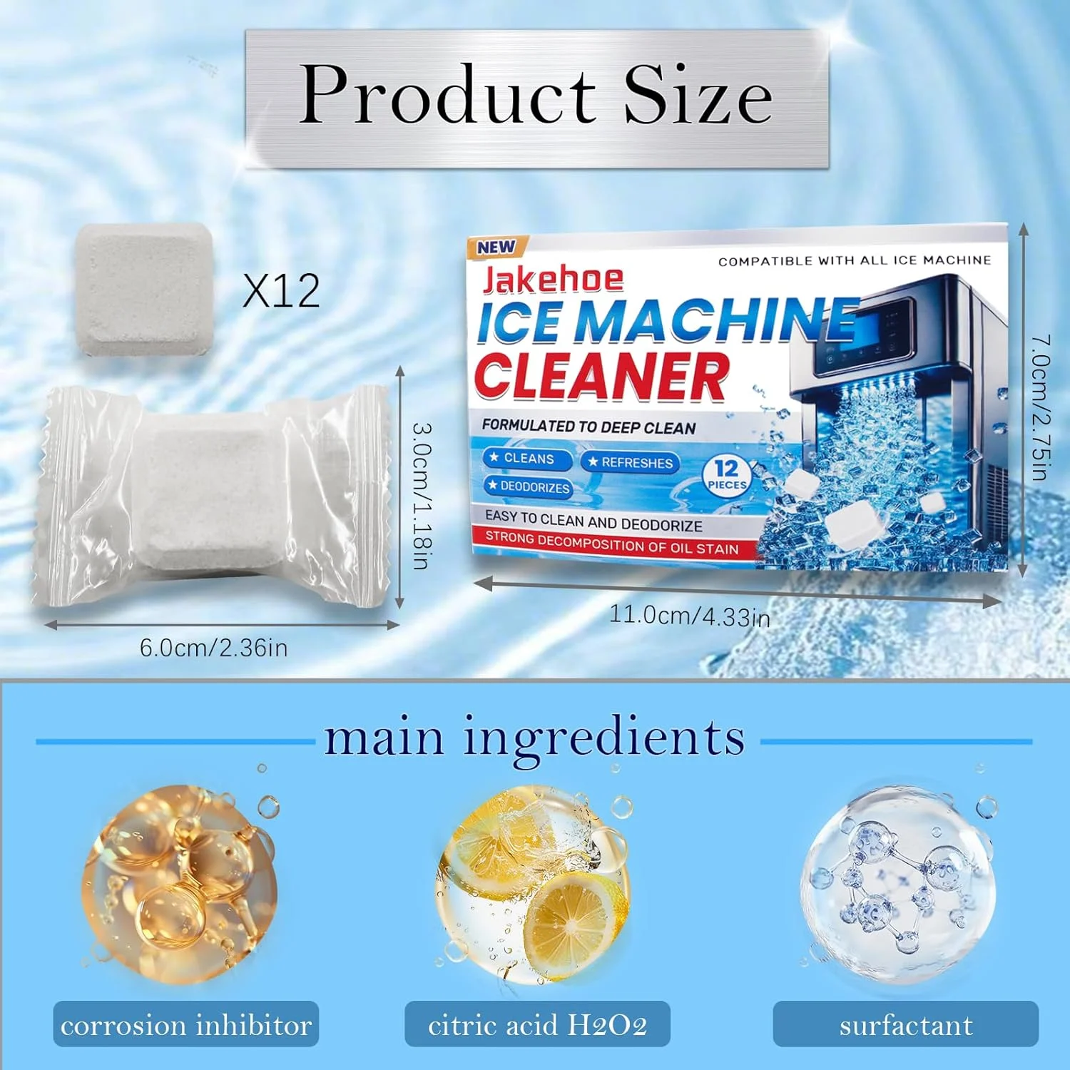 بسته 12 عددی قرص تمیز کننده دستگاه یخ ساز، سازگار با اوپال، تمیز کننده دستگاه یخ مکعبی، قرص های تمیز کننده بسیار کارآمد، رسوب زدا برای روی میز، دستگاه های یخ ساز، کمک به آب سخت و تجمع رسوبات