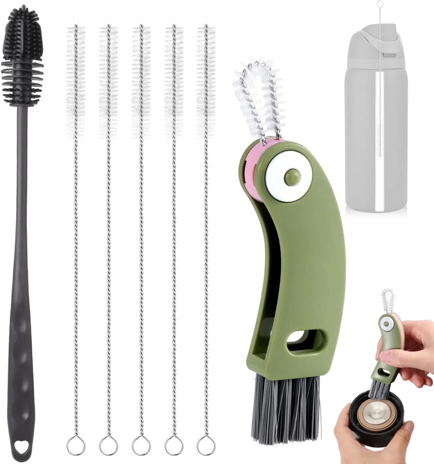 ست برس تمیز کننده بطری آب 7 عددی، برس فنجان سیلیکونی فوق العاده بلند با برس تمیز کننده درب فنجان چند منظوره و برس نی برای Owala FreeSip 24oz/32oz/40oz