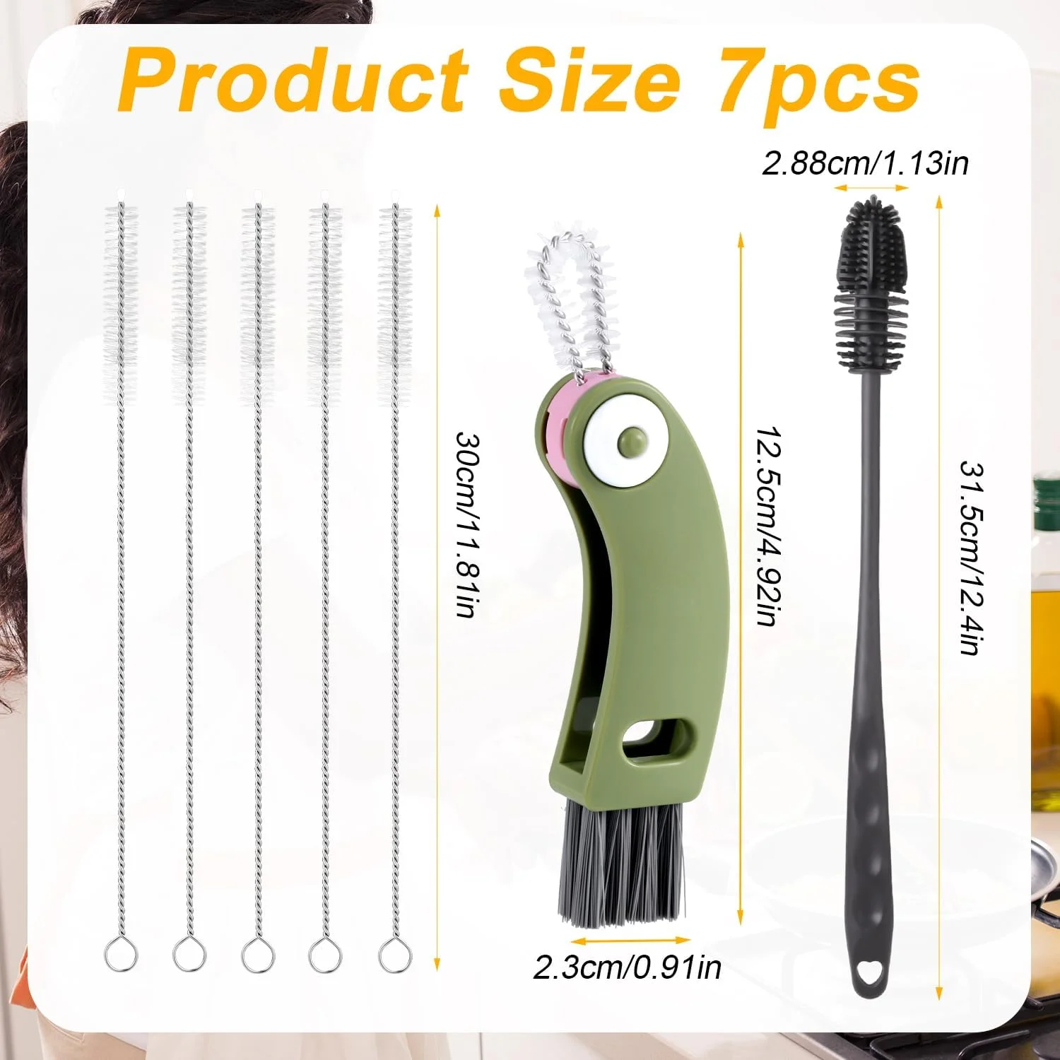 ست برس تمیز کننده بطری آب 7 عددی، برس فنجان سیلیکونی فوق العاده بلند با برس تمیز کننده درب فنجان چند منظوره و برس نی برای Owala FreeSip 24oz/32oz/40oz