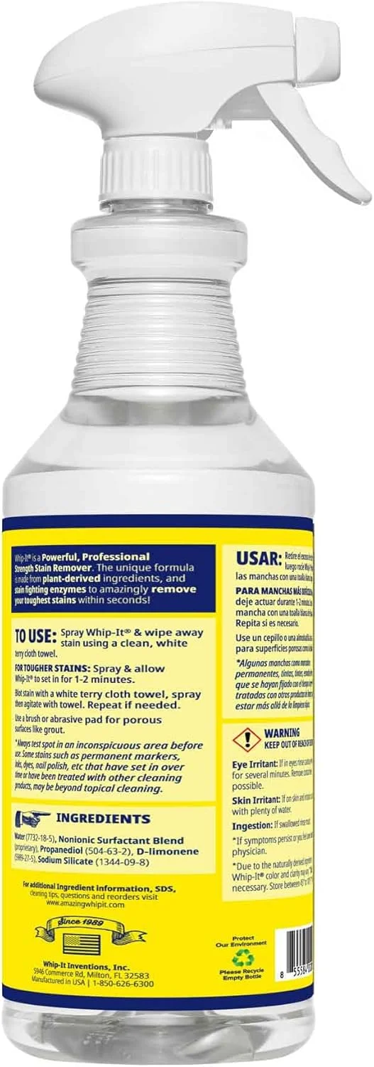 اسپری پاک کننده چند منظوره Whip It، پاک کننده لکه با قدرت حرفه ای، پاک کننده آنزیمی گیاهی، تمیز کننده مواد غذایی، چربی، قهوه، شراب، لکه های کودک، لکه های حیوانات خانگی، بیش از 500 کاربرد، ساخت ایالات متحده آمریکا، 946 میلی لیتر