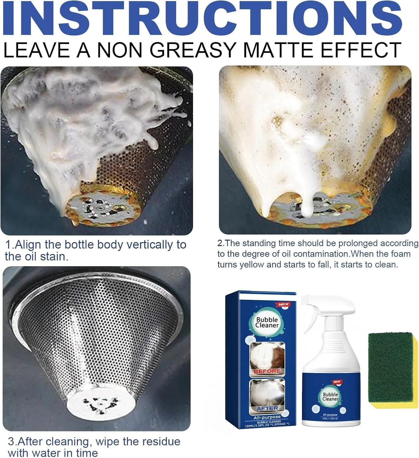 اسپری فوم پاک کننده حباب دار KASTWAVE، اسپری تمیز کننده چند منظوره بدون نیاز به آبکشی به همراه اسفنج، پاک کننده قوی لکه های روغن برای آشپزخانه، چربی، جرم و تمیز کردن منزل (150 میلی لیتر)