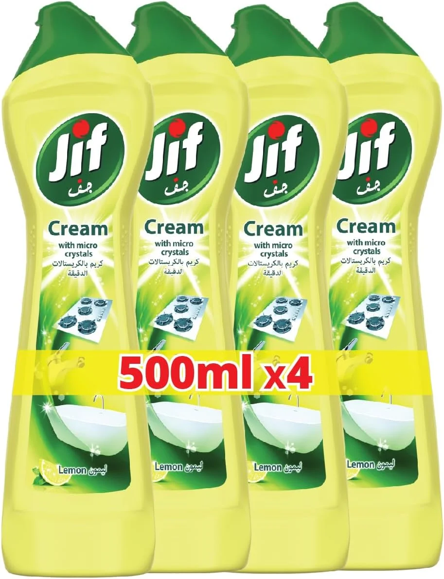کرم تمیز کننده سطوح JIF، با فناوری میکرو کریستال، لیمو، از بین برنده چربی، مواد غذایی سوخته و لکه های آهک، 4 عدد 500 میلی لیتری