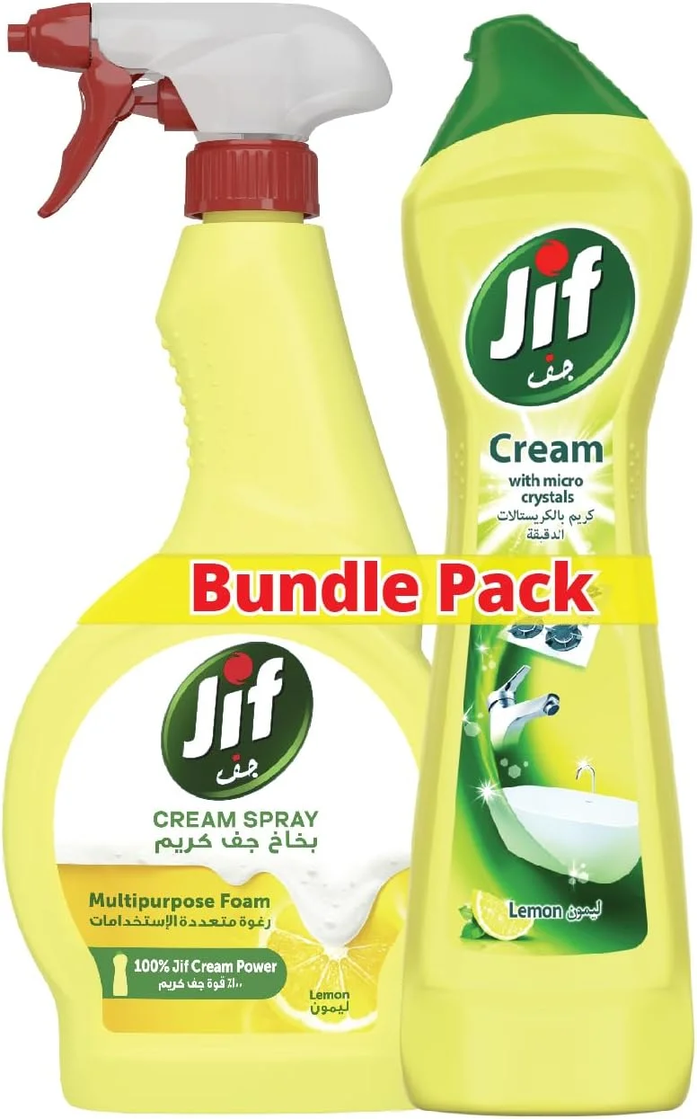 مجموعه پاک کننده کرمی JIF، با فناوری میکرو کریستال، رایحه لیمو، برای لکه های غذای سوخته و رسوب آهک، 500 میلی لیتر + اسپری پاک کننده چند منظوره فوم JIF، رایحه لیمو، برای حذف 100% لکه ها و چربی ها، 500 میلی لیتر