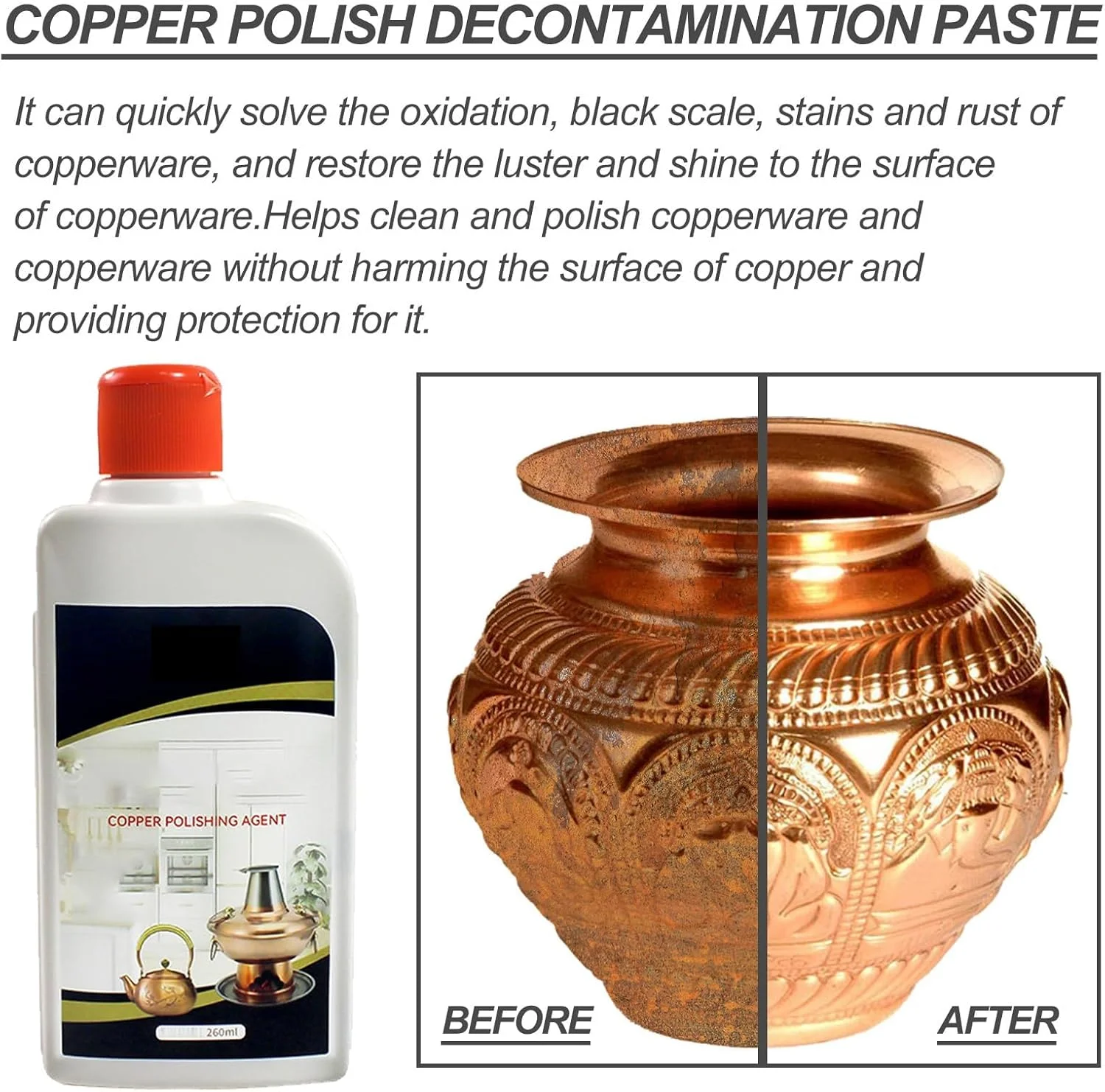 تمیز کننده برنج، پولیش فلزات برای برنج، خمیر تمیز کننده مس، تمیز کننده و احیا کننده برنج، تمیز کننده و پولیش مس، مراقبت و محافظت ملایم ضد تیرگی، برای برنج، مس و استیل، 260 میلی لیتر