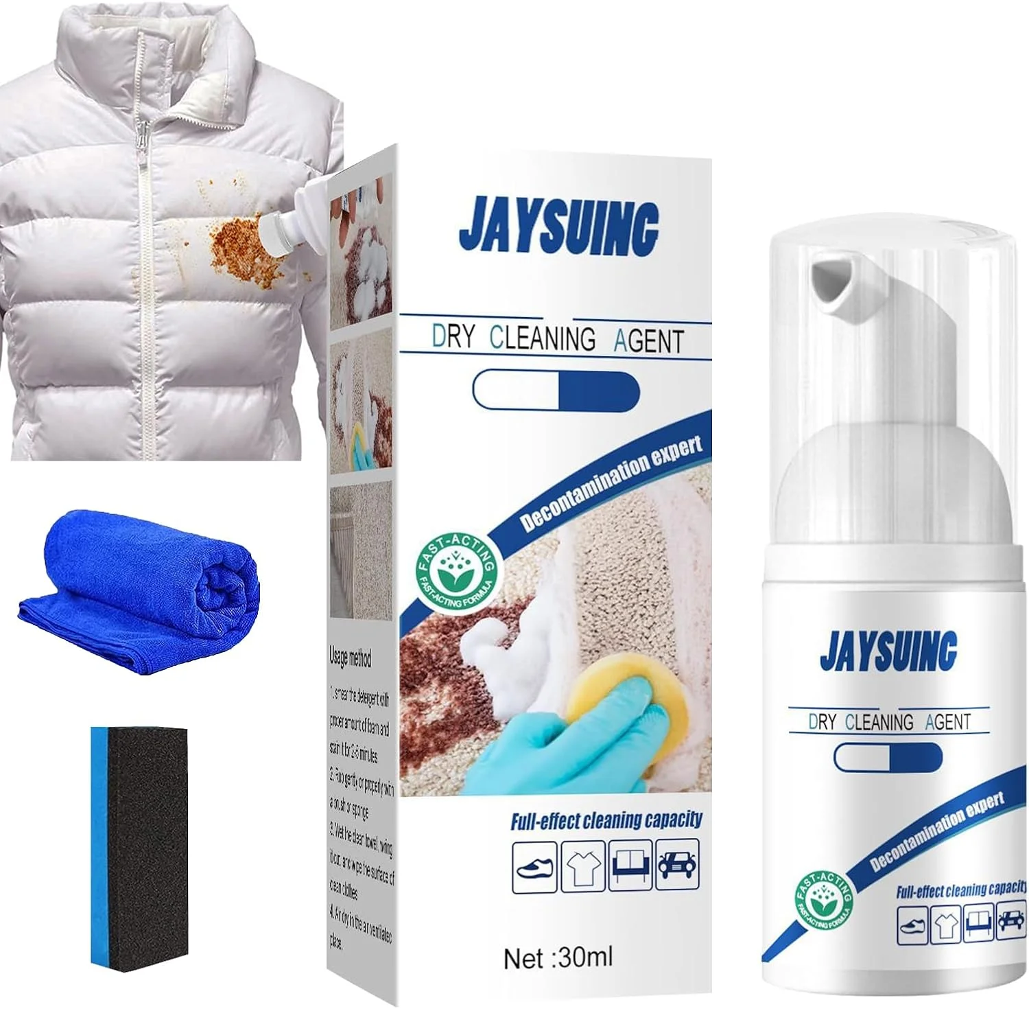 پاک کننده فوم خشک، پاک کننده فوم خشک برای لباس، پاک کننده فوم بدون نیاز به شستشو برای پارچه، ژاکت، مبل (30 میلی لیتر، 1 عدد)
