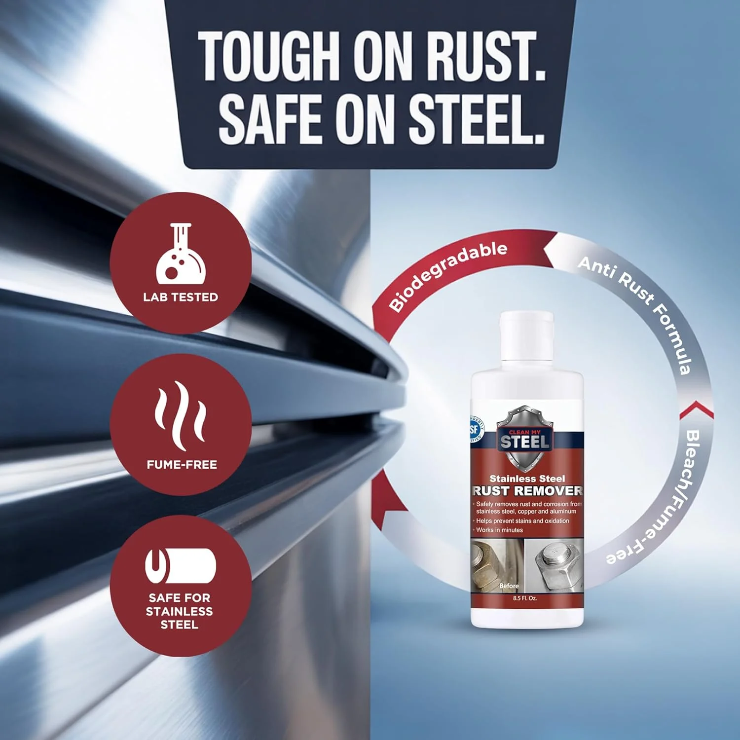 پاک کننده و زنگ زدای استیل CLEAN MY STEEL، دارای تاییدیه NSF، ایمن برای مناطق غذایی. پاک کننده غیر سمی استیل برای لوازم خانگی، مناسب برای لکه های زنگ، یخچال، بهترین چاقو یا تابه و موارد دیگر (250 میلی لیتر)