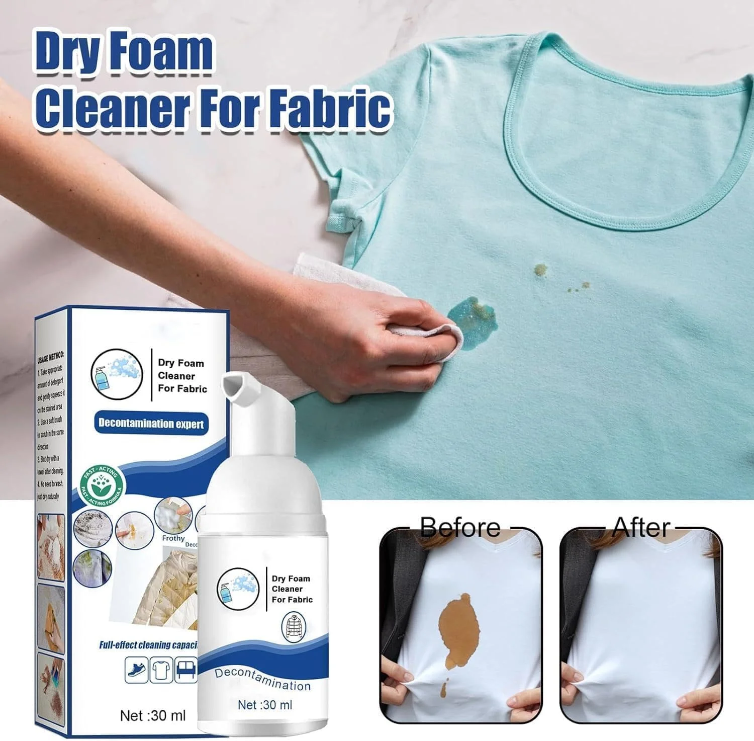 مجموعه 3 عددی فوم خشکشویی کاپشن، مایع خشکشویی برای کت های زمستانی، پاک کننده چند منظوره بدون نیاز به آبکشی جدید 2024 برای لباس، مناسب پارچه، کاپشن، مبل، لکه بر (30ml*3)