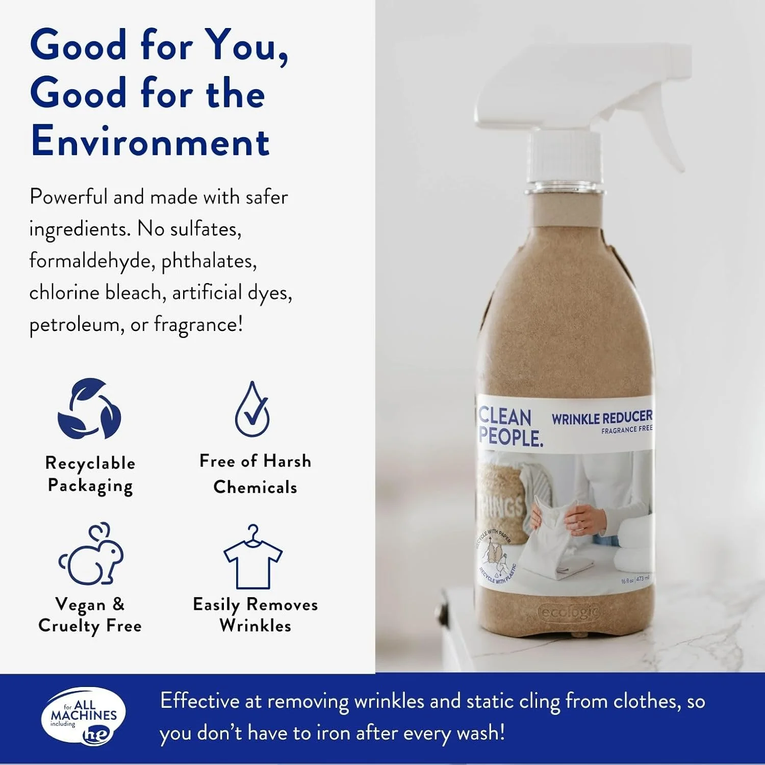 اسپری رفع چروک لباس کلین پیپل - مواد اولیه تمیز - فرمول غیر سمی - از بین برنده چروک، الکتریسیته ساکن و بو - بدون عطر - ایمن برای پارچه - 473 میلی لیتر (2 عددی)