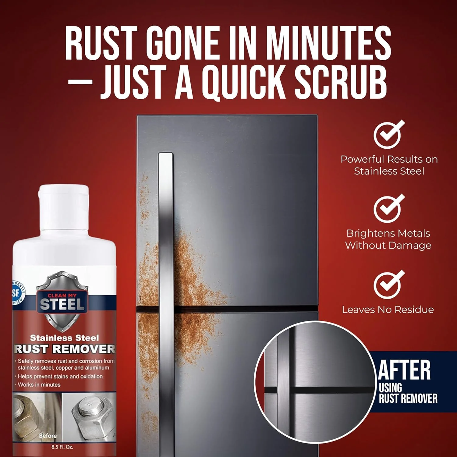 پاک کننده و زنگ زدای استیل CLEAN MY STEEL، دارای تاییدیه NSF، ایمن برای مناطق غذایی. پاک کننده غیر سمی استیل برای لوازم خانگی، مناسب برای لکه های زنگ، یخچال، بهترین چاقو یا تابه و موارد دیگر (250 میلی لیتر)