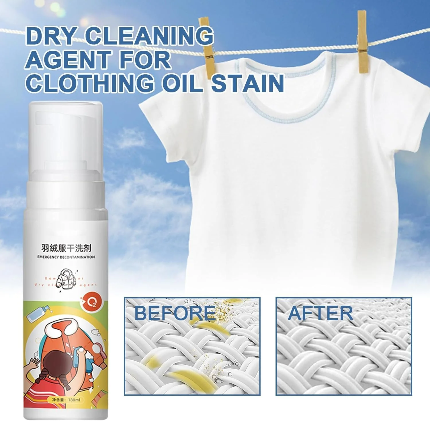 فوم خشکشویی کت پر، عامل خشکشویی برای کت های زمستانی، عامل خشکشویی برای لکه های روغن لباس، فوم عامل خشکشویی مسافرتی در فضای باز برای لکه های روغن، مواد شوینده برای کاپشن های پفی (2 عدد)