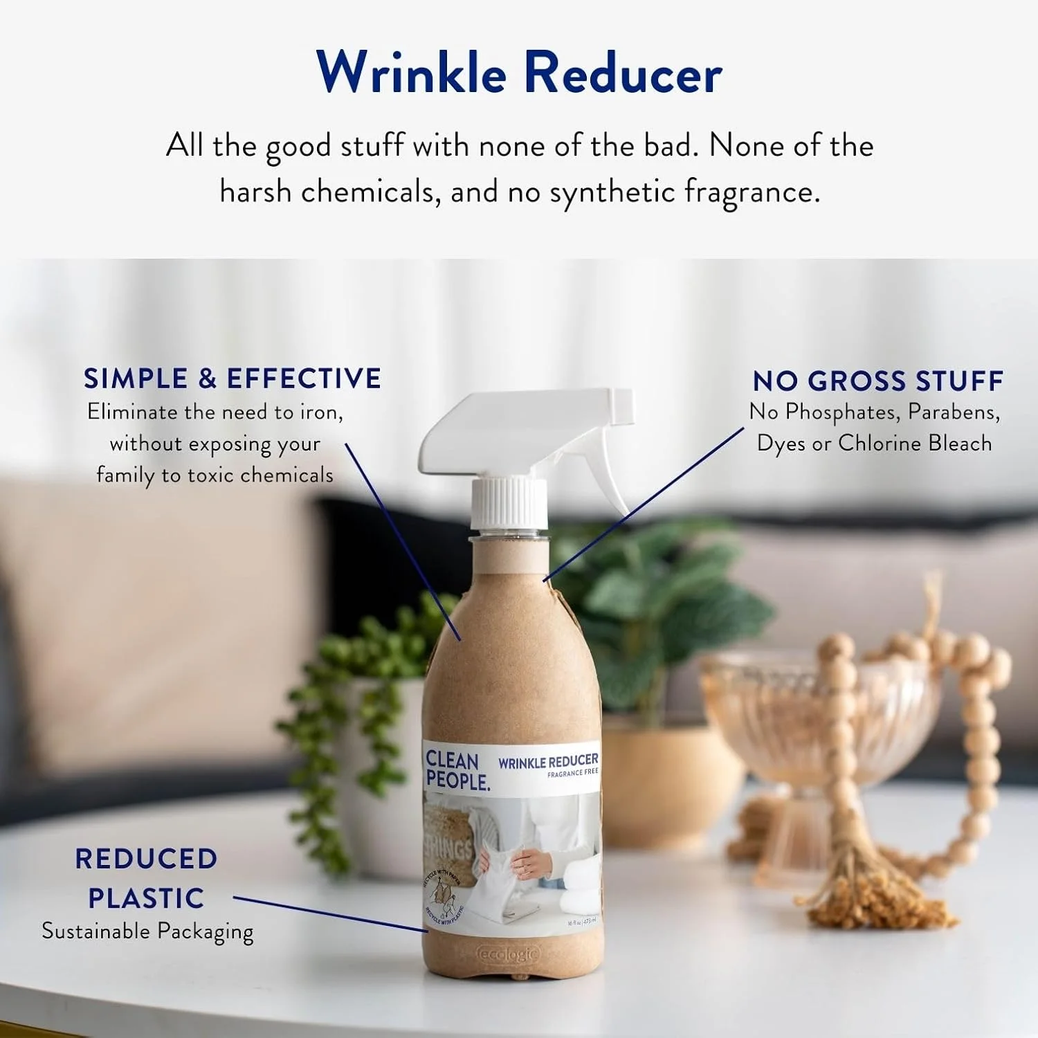 اسپری رفع چروک لباس کلین پیپل - مواد اولیه تمیز - فرمول غیر سمی - از بین برنده چروک، الکتریسیته ساکن و بو - بدون عطر - ایمن برای پارچه - 473 میلی لیتر (2 عددی)