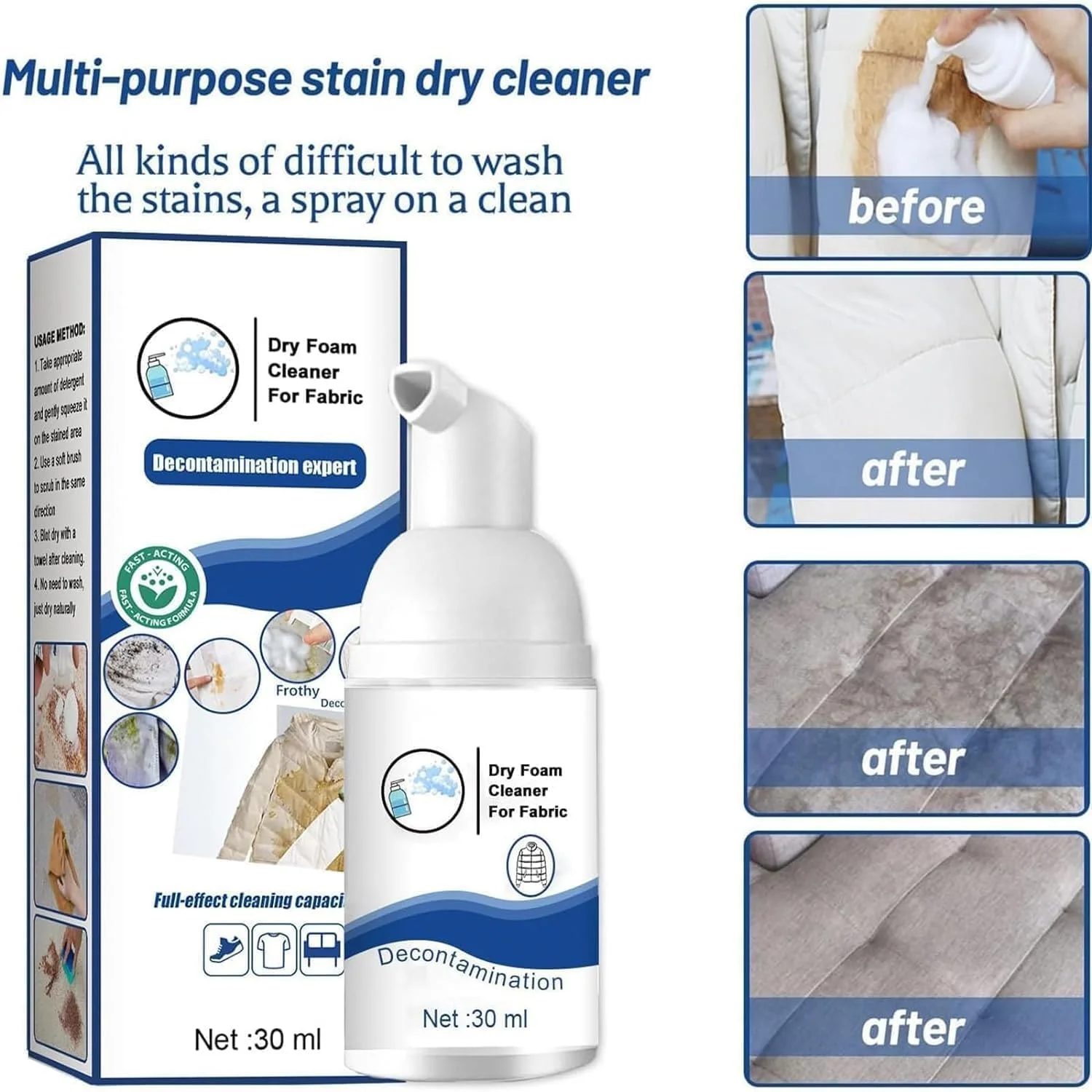 مجموعه 3 عددی فوم خشکشویی کاپشن، مایع خشکشویی برای کت های زمستانی، پاک کننده چند منظوره بدون نیاز به آبکشی جدید 2024 برای لباس، مناسب پارچه، کاپشن، مبل، لکه بر (30ml*3)