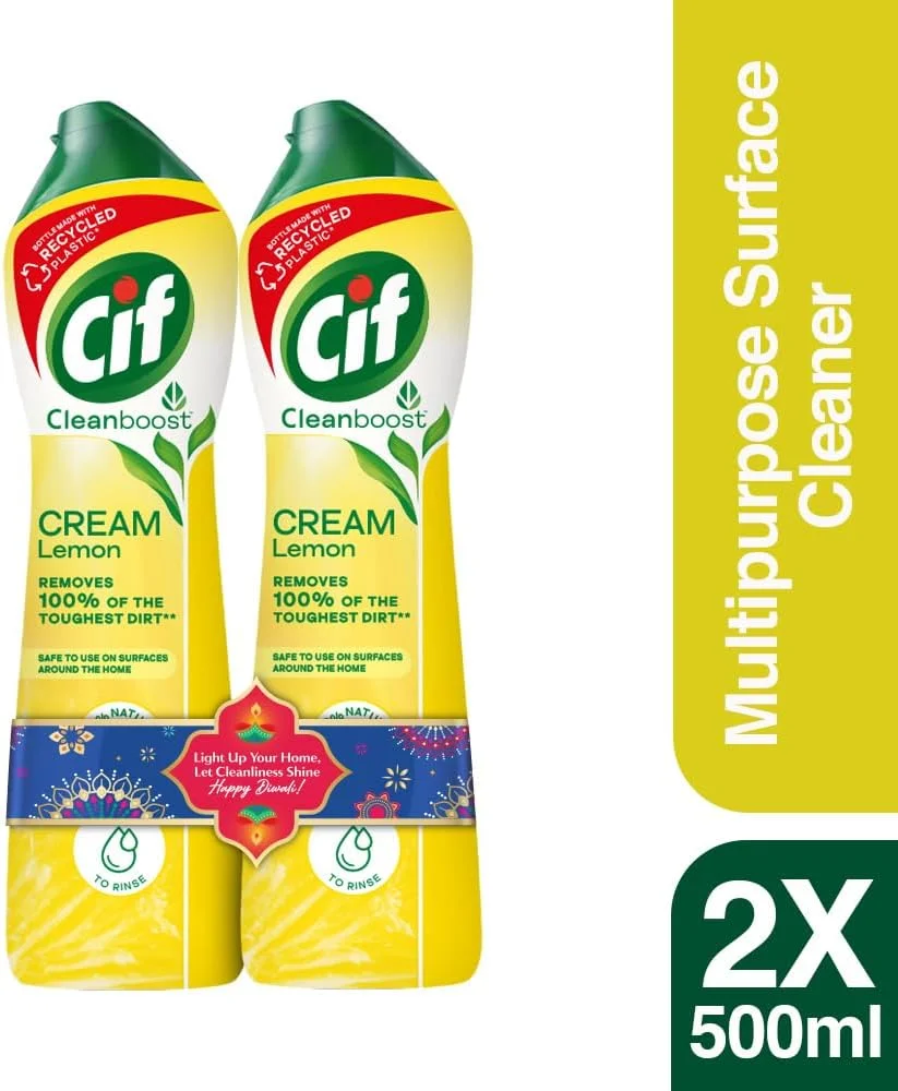 کرم تمیز کننده سطوح سیف با رایحه لیمو، مناسب آشپزخانه و حمام، از بین برنده چربی، کثیفی و لکه های سخت با ذرات تمیز کننده طبیعی، 2x500 میلی لیتر