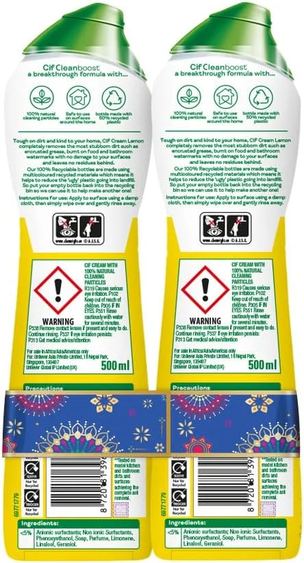 کرم تمیز کننده سطوح سیف با رایحه لیمو، مناسب آشپزخانه و حمام، از بین برنده چربی، کثیفی و لکه های سخت با ذرات تمیز کننده طبیعی، 2x500 میلی لیتر