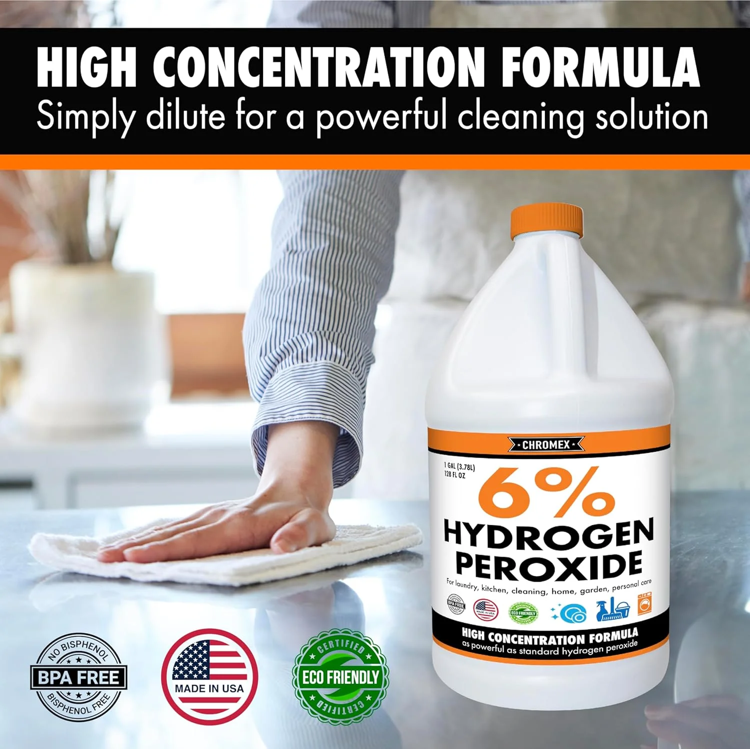 هیدروژن پراکسید 6 درصد Chromex، گرید غذایی، مناسب خانه، آشپزخانه، تمیز کننده حمام، لباسشویی، سفید کننده، گالن