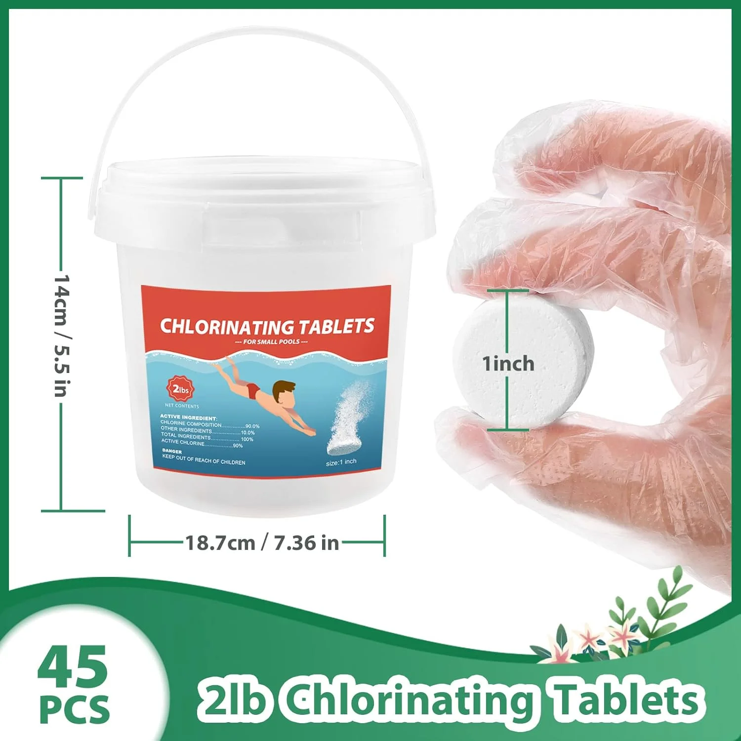 قرص کلر 2 پوندی برای وان آب گرم، قرص کلر 1 اینچی برای استخر و اسپا، 45 عدد * 20 گرم قرص تمیز کننده چند منظوره استخر، 90% کلر موجود