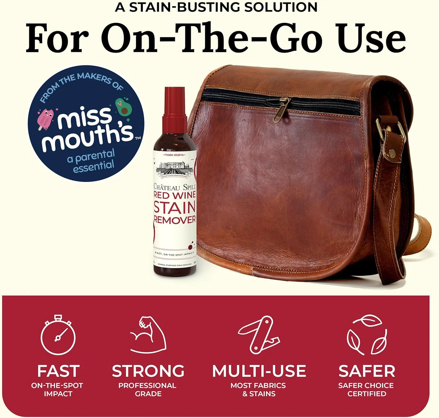 اسپری لکه بر شراب قرمز Chateau Spill برای لباس - اسپری لکه بر 120 میلی لیتری برای لکه های روی رومیزی، فرش، اثاثه یا لوازم داخلی و لباس های شسته شده، محصولی از سازندگان Miss Mouth's Messy Eater Stain Treater
