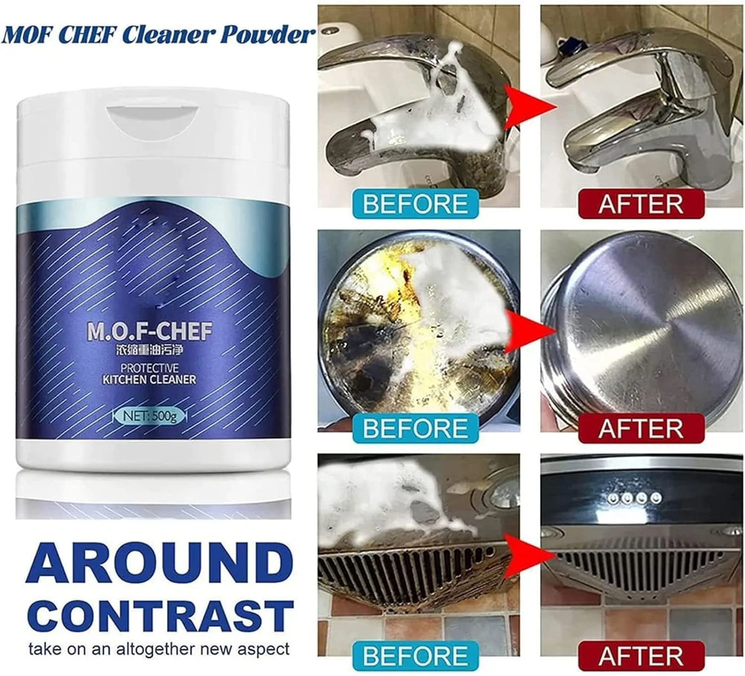 پودر پاک کننده آشپزخانه Chano, M.O.F Chef، پودر پاک کننده، پاک کننده پودری، پودر تمیز کننده، پاک کننده آشپزخانه Moh Chef (100 گرم، 3 عدد)