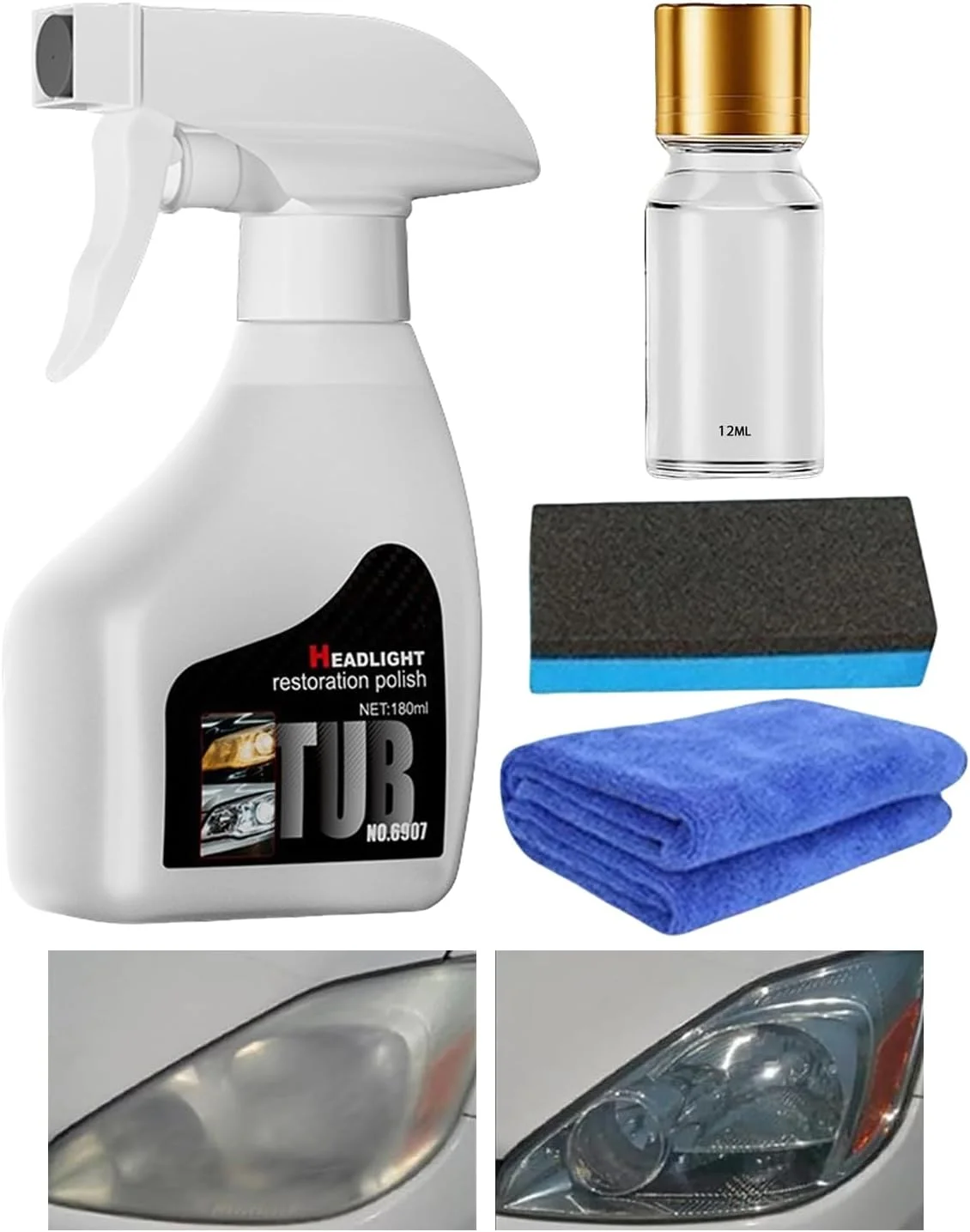 اسپری تمیز کننده چراغ جلوی خودرو - کیت پولیش و تمیز کننده چراغ جلو | پاک کننده، پولیش، ترمیم کننده و محافظ برای چراغ های جلوی خودرو، رفع زردی و خط و خش
