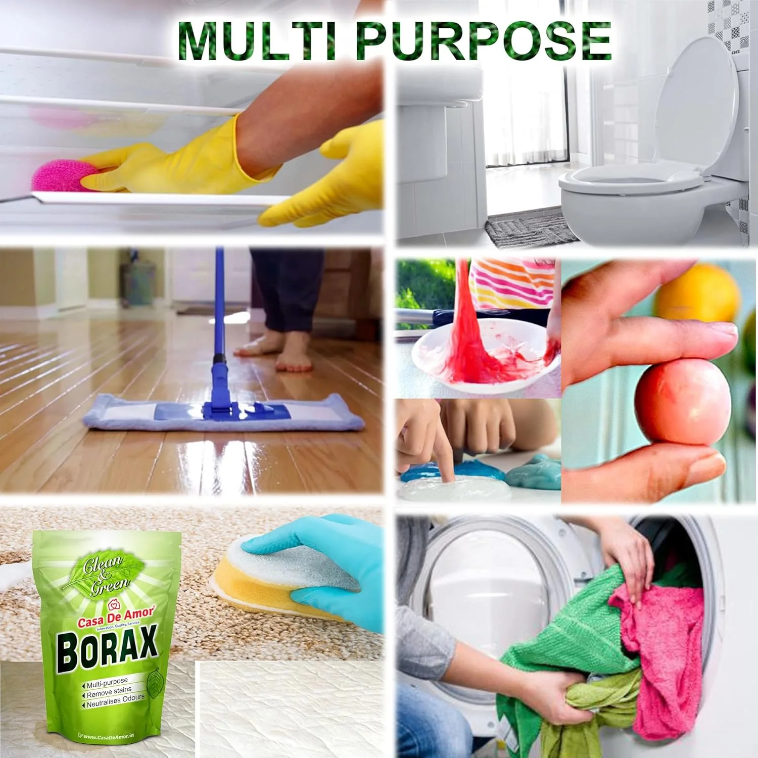 پودر بوراکس خالص 100% کاسا د آمور با قدرت سفید کنندگی و پاک کنندگی، مناسب برای ساخت کریستال و اسلایم کودکان (900 گرم)