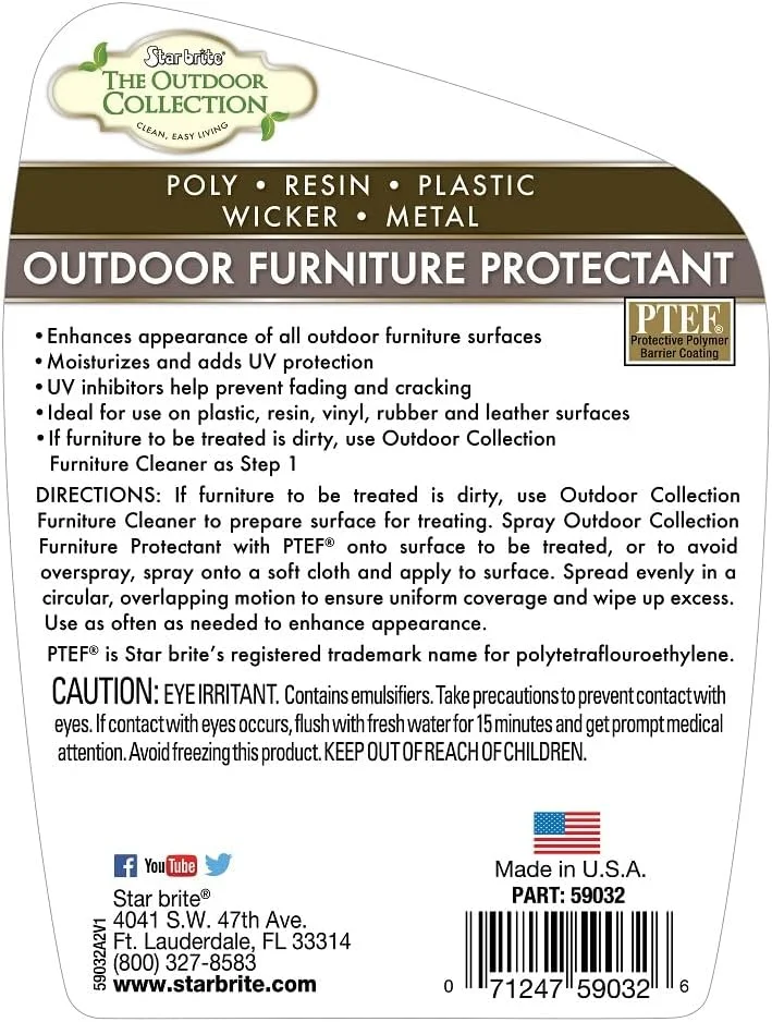 اسپری محافظ مبلمان فضای باز استار برایت 950 میلی لیتر - تجدید و احیای رنگ، جلوگیری از محو شدن و ترک خوردگی ناشی از اشعه ماوراء بنفش (59032) اسپری محافظ مبلمان فضای باز استار برایت 950 میلی لیتر - تجدید و احیای رنگ، جلوگیری از محو شدن و ترک خوردگی ناشی از اشعه ماوراء بنفش (59032)