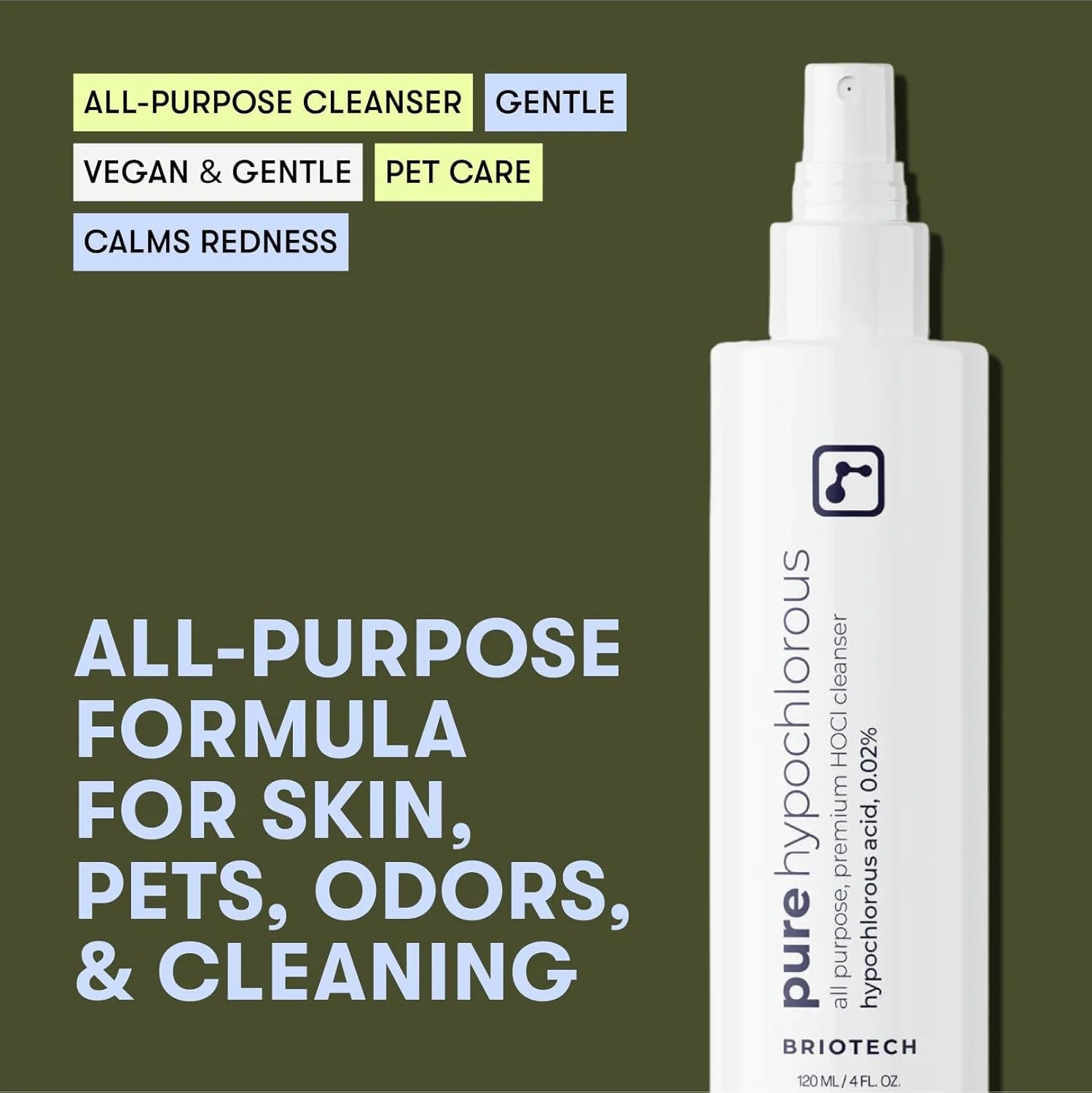 اسپری و پاک کننده هیپوکلروس اسید خالص BRIOTECH، محلول موضعی HOCl اصلی و ممتاز، پاک کننده چند منظوره، مورد تایید خانواده و سازگار با حیوانات خانگی، 118 میلی لیتر