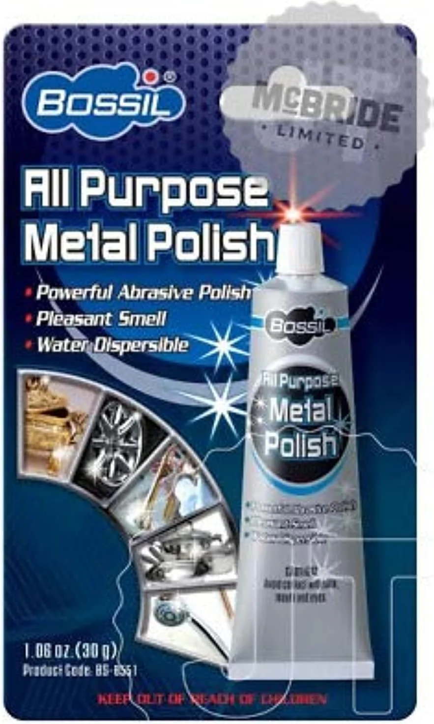 پولیش فلزات همه منظوره Bossil، تمیز و براق کننده سطوح فلزی کروم، آلومینیوم، استیل ضد زنگ، مس، برنج و غیره. BS - 8551