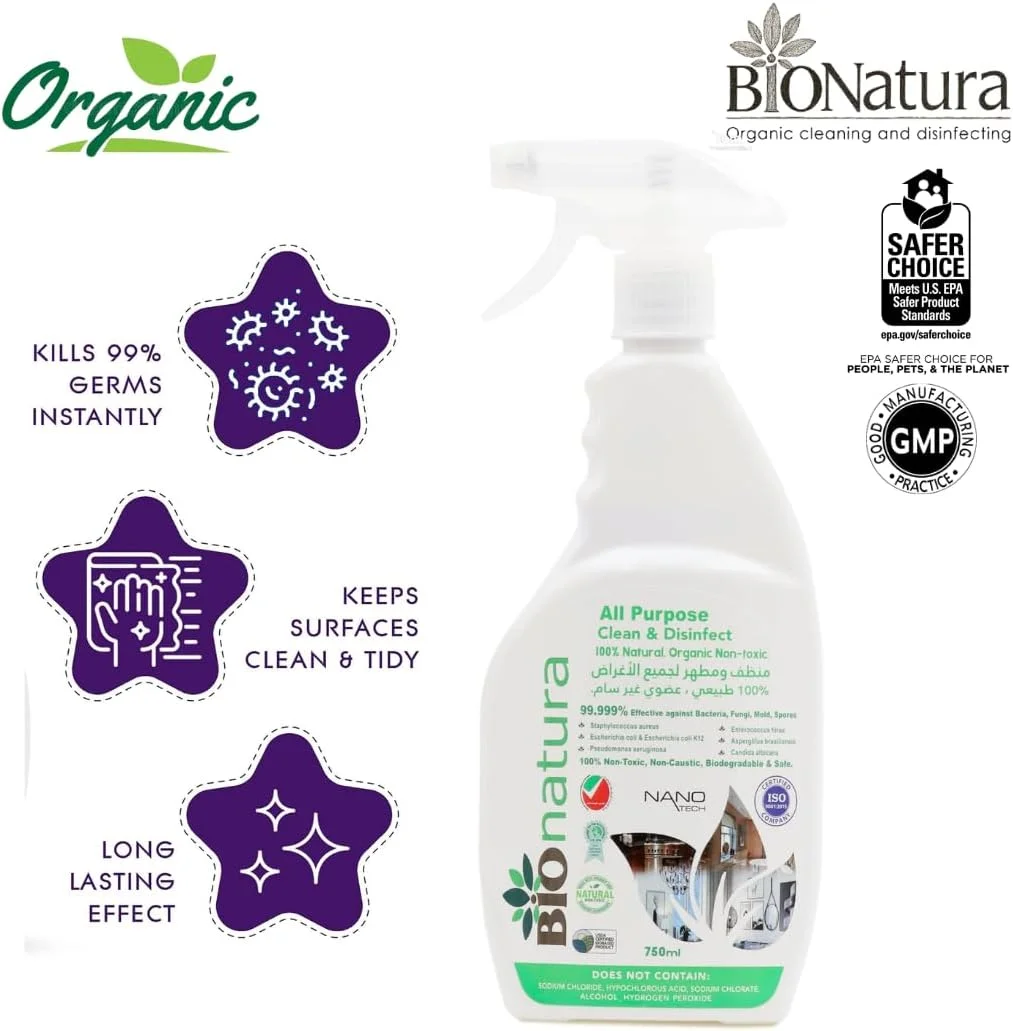 مایع تمیز کننده و ضد عفونی کننده همه منظوره ارگانیک بایونت 750 میلی لیتر - ارگانیک، غیر سمی، تمیز کننده طبیعی همه منظوره، تمیز کننده سطوح، تمیز کننده چند منظوره، تجزیه پذیر، ایمن برای آشپزخانه، حمام و موارد دیگر