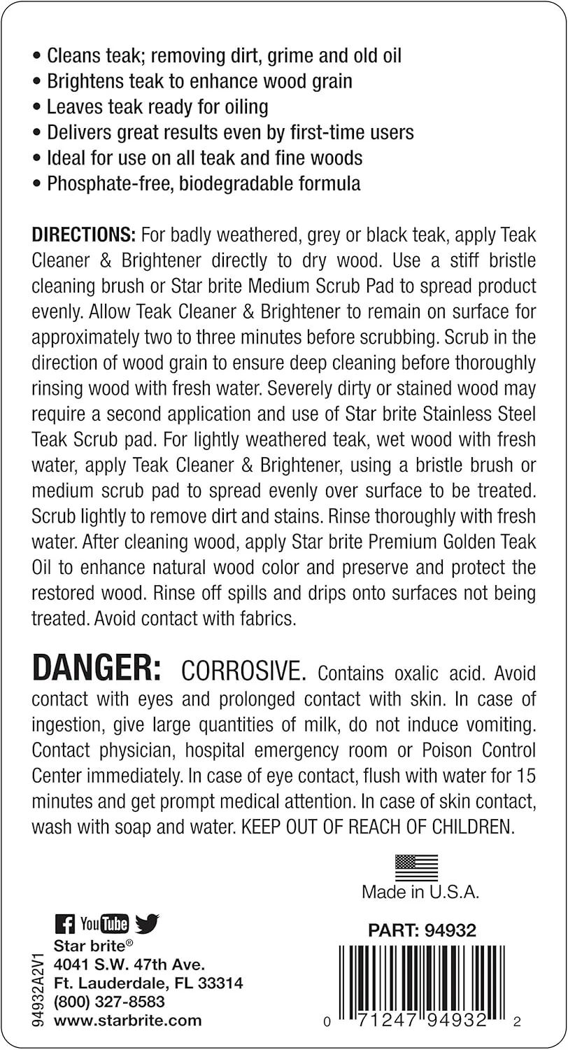 استار برایت 94932 پاک کننده و روشن کننده تک مرحله ای چوب ساج 946 میلی لیتر، سفید